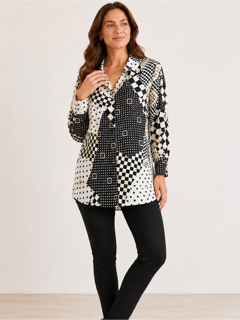 Gottex Women Shirt M Black White Gold Geometric Patchwork Print Long Sleeve